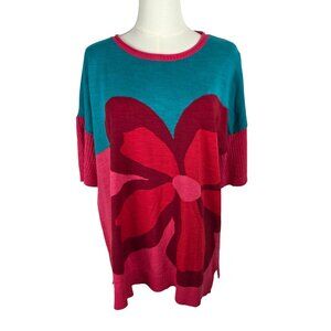 Soft Surroundings Top Sweater Biosphere Large Flower Cotton Pink Teal Maximalism